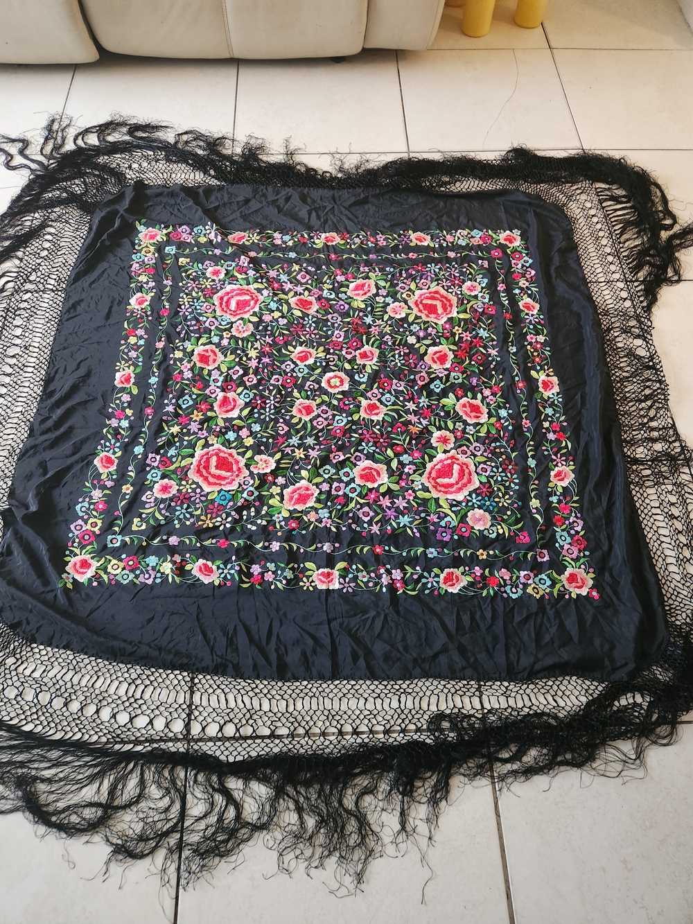 Black Floral Embroidered Shawl Scarf with Fringe